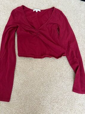 Antistar Red Long-Sleeve Cropped Ruched V-Neck Top